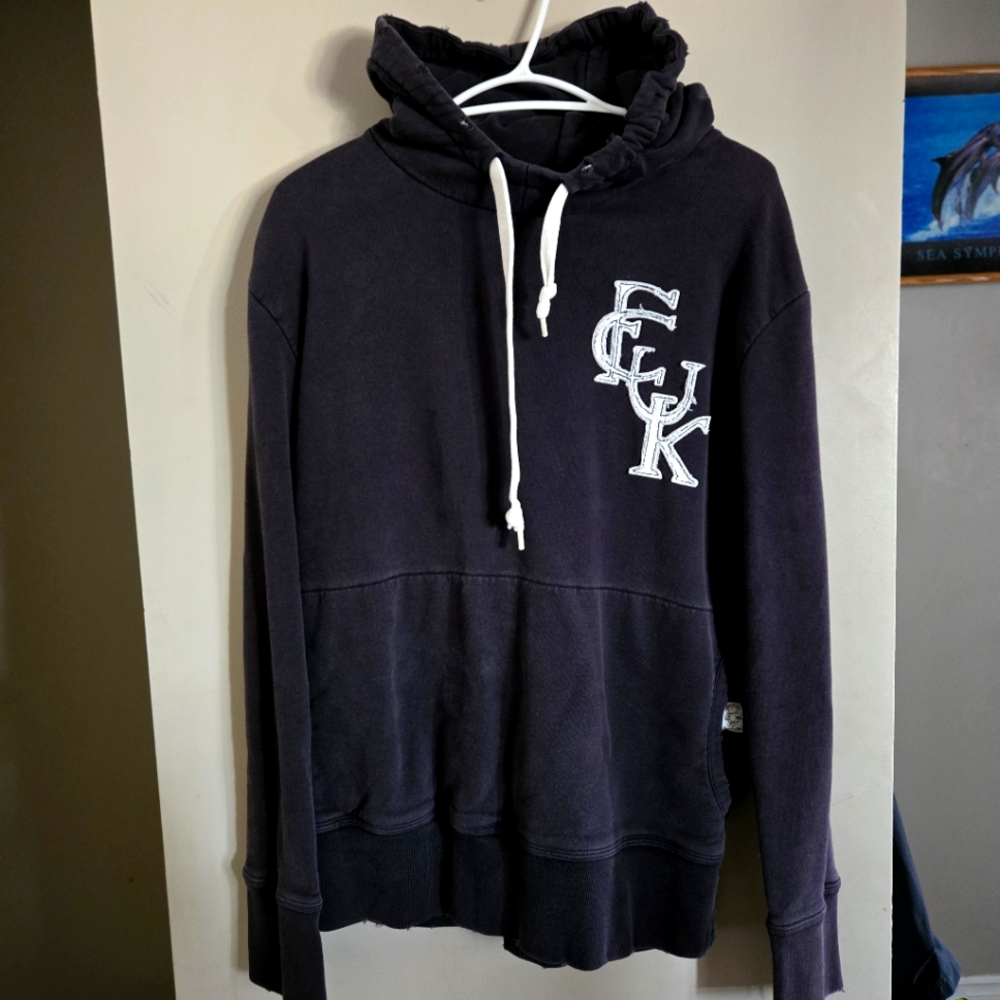 FCUK Mens Hoodie Medium French Connection Sweater Y2K Navy Hooded